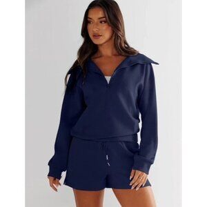 Prinbara Women Oversized Half Zip Collared Sweatshirt Blue XL A000771